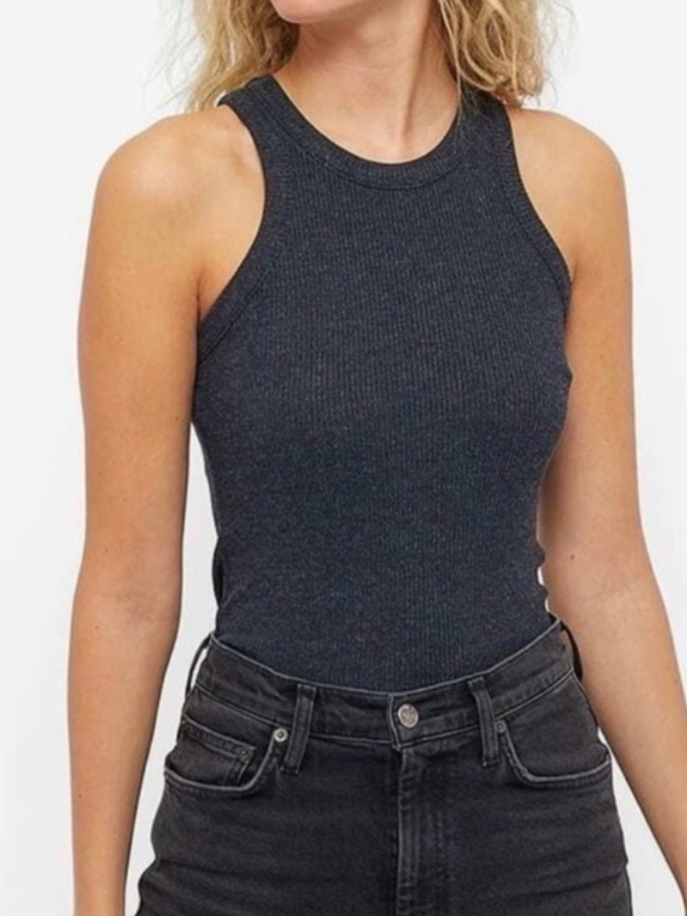 Agolde Women’s Heather Black Ribbed Stretchy High Neck Sleeveless Tank Top- S